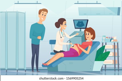 Care pregnancy. Happy family couples clinic at doctor consultant baby scanning sonogram pregnant examination person vector background