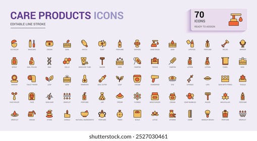 Conjunto de iconos de línea coloridos de productos de cuidado. suero, ícono de color para línea y colección de mezcla llena. Trazo editable, píxel perfecto. Los nombres de los iconos están escritos en inglés.