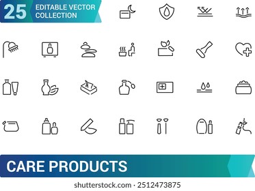 Coleções de ícones de produtos de cuidado. set off Pictograma de linha fina de loção, pó, batom, rímel Coleção de ícones de contorno. Ícones de traçado editáveis.