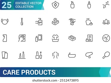 Coleções de ícones de produtos de cuidado. set off Pictograma de linha fina de loção, pó, batom, rímel Coleção de ícones de contorno. Ícones de traçado editáveis.