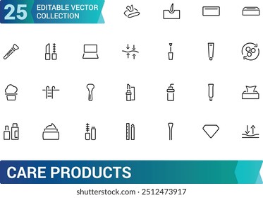 Coleções de ícones de produtos de cuidado. set off Pictograma de linha fina de loção, pó, batom, rímel Coleção de ícones de contorno. Ícones de traçado editáveis.