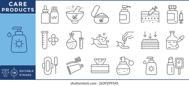 Care products icons set. 18 line icons. Vector editable stroke. Cream, medicine, beauty products.