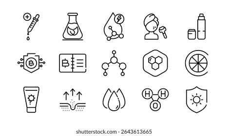 Care Products linear icon set. Personal care products, dermatology, collagen, cream, sunscreen, hair care, lip, cosmetic, product, facial, salon, clean outline vector icon set. UI thin line icon pack.