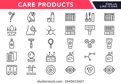 Care Products linear icon set. Personal care products, dermatology, collagen, cream, sunscreen, hair care, lip, cosmetic, product, facial, salon, clean outline vector icon set. UI thin line icon pack.