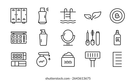 Care Products linear icon set. Personal care products, dermatology, collagen, cream, sunscreen, hair care, lip, cosmetic, product, facial, salon, clean outline vector icon set. UI thin line icon pack.