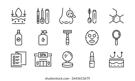 Care Products linear icon set. Personal care products, dermatology, collagen, cream, sunscreen, hair care, lip, cosmetic, product, facial, salon, clean outline vector icon set. UI thin line icon pack.
