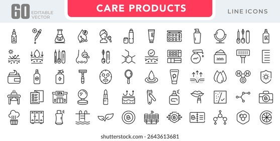 Care Products linear icon set. Personal care products, dermatology, collagen, cream, sunscreen, hair care, lip, cosmetic, product, facial, salon, clean outline vector icon set. UI thin line icon pack.