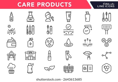 Care Products linear icon set. Personal care products, dermatology, collagen, cream, sunscreen, hair care, lip, cosmetic, product, facial, salon, clean outline vector icon set. UI thin line icon pack.
