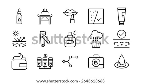 Care Products linear icon set. Personal care products, dermatology, collagen, cream, sunscreen, hair care, lip, cosmetic, product, facial, salon, clean outline vector icon set. UI thin line icon pack.