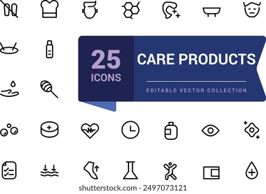 Care products minimal line icons set. Outline signs for skincare and health care products. Simple editable vector stroke illustration.