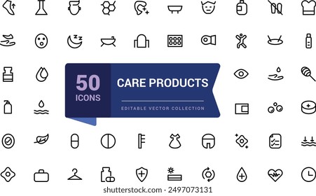 Care products minimal line icons set. Outline signs for skincare and health care products. Simple editable vector stroke illustration.