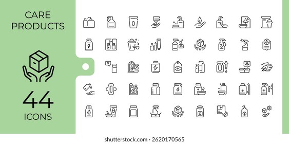 Care Products related icon. Contains such icons as care, moist, product, health, sun protection, mask and more. Vector outline icons collection. Beauty icon set. Signs for web and mobile app.