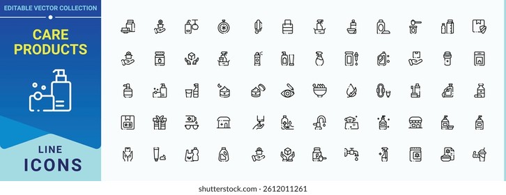 Care Products related icon set. Pack of health, product, dermatology, care, beauty, mask, moist and more. Minimal icons pack. Product icon set. Vector illustration. Pixel perfect.