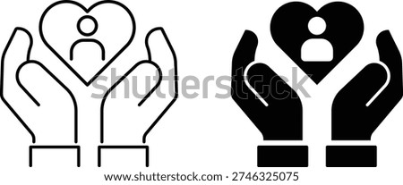 Care and Protection Icon – Hands Holding Heart with Person Symbol Line and Solid Vector