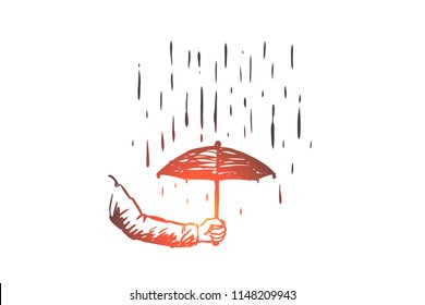 Care, protection, security, business concept. Hand drawn human hand with umbrella and raining concept sketch. Isolated vector illustration.