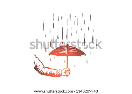 Care, protection, security, business concept. Hand drawn human hand with umbrella and raining concept sketch. Isolated vector illustration.