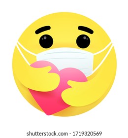 Care reaction emoji wearing face masks. Emoticon face embracing the heart to show care during the COVID-19 and PM2.5 pandemic. Face masks emoticon. Protection symbol.