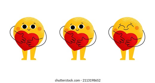 Care reactions emoji 2020 in trendy new style. Popular social networking - We are in this together. Round Yellow cartoon hugging heart, love design. Vector isolated illustration