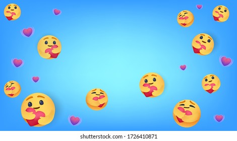 Care reactions New emoticon 2020 high quality vector abstract ramdom round yellow cartoon bubble and heart emoji on blue background