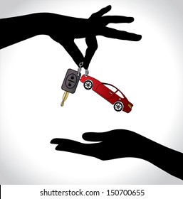 Care Sale or Car Key Concept Illustration : Two hand silhouettes exchanging red colored car with automatic key