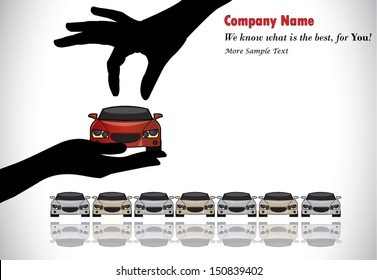 Care Sale Or Car Key Concept Illustration : A Hand Silhouette Choosing Red Colored Car Offered By The Sales Rep From A Number Of Cars Display For Sale