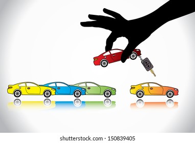 Care Sale or Car Key Concept Illustration : A hand silhouette choosing red colored car with automatic key from a number of colorful cars display for sale