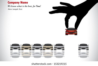 Care Sale or Car Key Concept Illustration : A hand silhouette choosing red colored car from a number of colorful cars display for sale