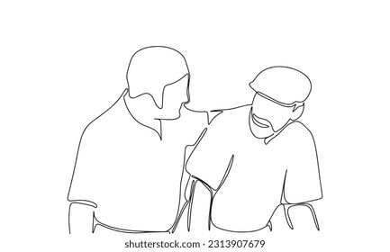 Care of senior man. One line continuous young man and senior man isolated on white background. Line art, outline, vector illustration.