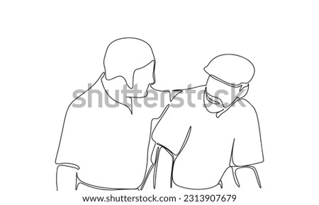 Care of senior man. One line continuous young man and senior man isolated on white background. Line art, outline, vector illustration.