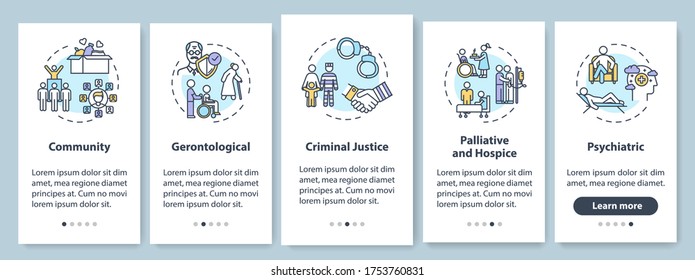 Care for senior people onboarding mobile app page screen with concepts. Community assistance walkthrough 5 steps graphic instructions. UI vector template with RGB color illustrations