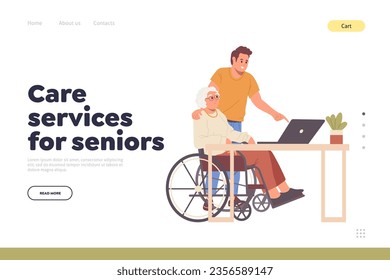 Care service for pensioner online company landing page design template offering professional help