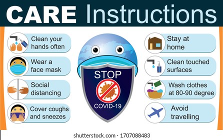 Care set of instructions about corona virus covid-19 by government doctors. wash hands with sanitizer, wear mask, stay at home and do social distancing. to remain healthy.  vector illustrations.