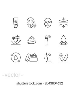 Care skin icon set. Face, skincare, sunscreen, cream, facial, clean, hair, routine, makeup, cleanser, scrub, uv, elasticity, pictogram, beauty concept. thin line symbol vector editable stroke EPS 10 - Shutterstock ID 2043804632
