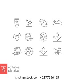 Care Skin Icon Set. Face, Skincare, Sunscreen, Cream, Facial, Clean, Hair, Routine, Makeup, Cleanser, Scrub, Uv, Elasticity, Pictogram, Beauty Concept. Thin Line Symbol Vector Editable Stroke EPS 10