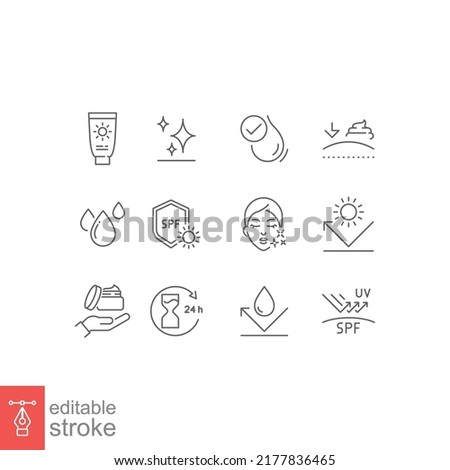 Care skin icon set. Face, skincare, sunscreen, cream, facial, clean, hair, routine, makeup, cleanser, scrub, uv, elasticity, pictogram, beauty concept. thin line symbol vector editable stroke EPS 10