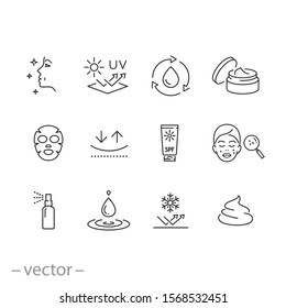 care skin icon set, sunscreen safeing for uv and cold, cleansing and moisturizing, face mask, elasticity skin covering, thin line symbol - editable stroke vector illustration eps10