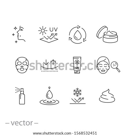 care skin icon set, sunscreen safeing for uv and cold, cleansing and moisturizing, face mask, elasticity skin covering, thin line symbol - editable stroke vector illustration eps10