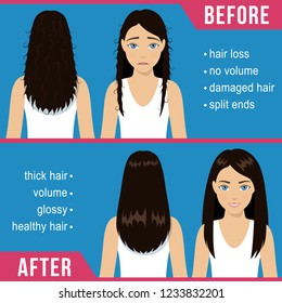 Care for straight hair. Common problems - split ends, damaged, loss. Before and after hair care treatment. Vector