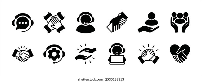 Care and support flat icon vector set. Containing love, service, assistance, teamwork, handshake, charity, volunteer, collaboration, friends, friendship, partnership, solidarity, group people