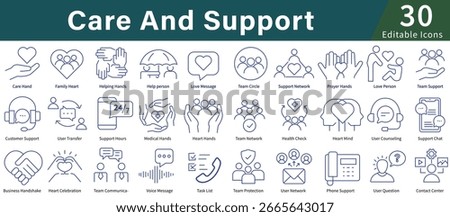 Care And Support Icon Set in Line Style with Editable Vector for Healthcare, Assistance, Help, and Customer Service