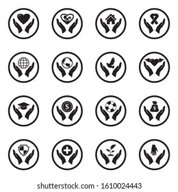 Care And Support Icons. Black Flat Design In Circle. Vector Illustration.