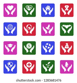 Care And Support Icons. White Flat Design In Square. Vector Illustration. 