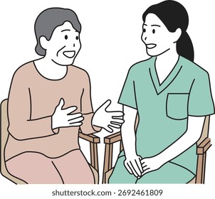 Ilustración de una Asistencia de cuidados entre un cuidador y una mujer mayor