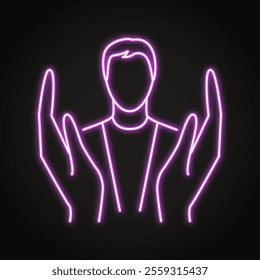 Care and support neon icon. Caring hands and human silhouette. Vector illustration.