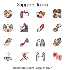 Care, support and sympathize icon set in color line style