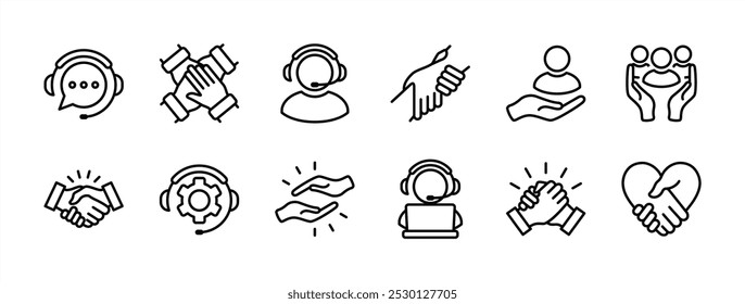 Cuidado y Asistencia de línea fina icono de Vector conjunto. Contiene servicio, trabajo en equipo, caridad, voluntariado, colaboración, amor, amigos, apretón de manos, amistad, asociación, asistencia, solidaridad, grupo de personas