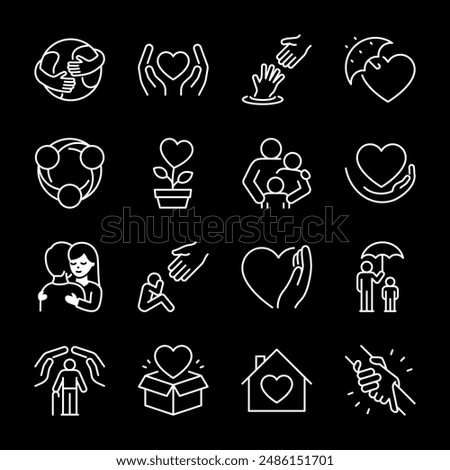 Care and support, white line icons. Helping hands, hearts, and symbols of support in difficult situations. Perfect for social work and healthcare themes. Symbols on black background. Editable stroke.