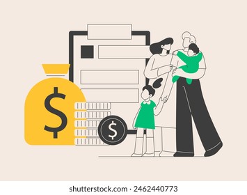 Care tax credit abstract concept vector illustration. Family support, low income, tax year, child care expense deduction, online application, bank account and bill payment abstract metaphor.