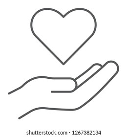 Care thin line icon, family and love, hand holding heart sign, vector graphics, a linear pattern on a white background, eps 10.