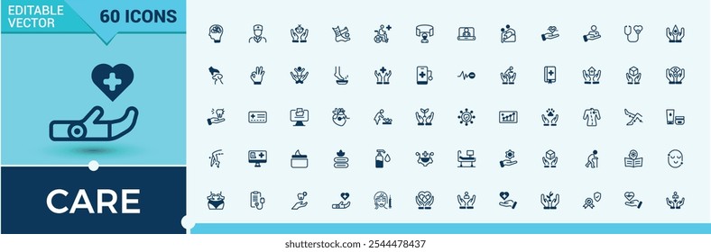 Care thin line icon set. Contains related to baby, dermatology, skin, mat, health, anti and more. Isolated icons design. Editable stroke.